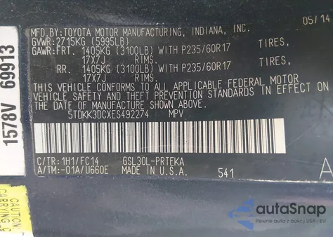 2014 Toyota Sienna Le V6 8 Passenger z USA, uszkodzony, nr VIN 5TDKK3DCXES492274